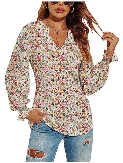 Romanstii Women's Casual V-Neck T-Shirts Loose Puff Long Sleeve Tops Tunic Blouses