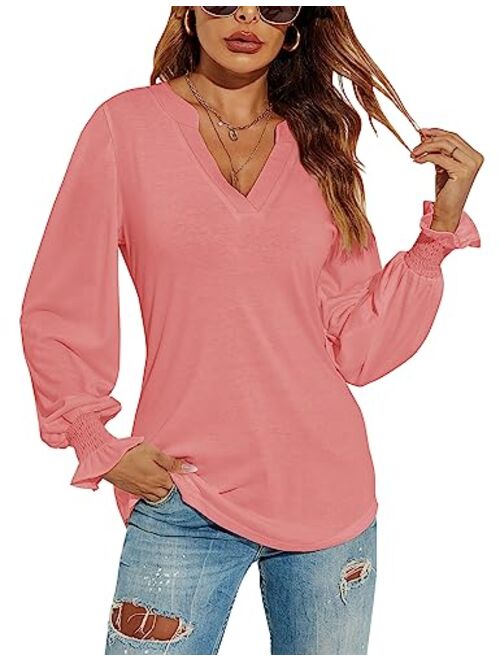 Romanstii Women's Casual V-Neck T-Shirts Loose Puff Long Sleeve Tops Tunic Blouses