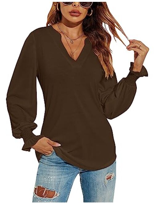 Romanstii Women's Casual V-Neck T-Shirts Loose Puff Long Sleeve Tops Tunic Blouses