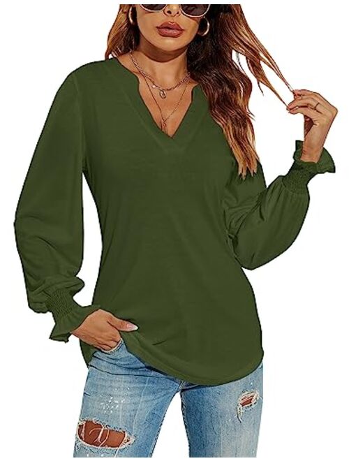 Romanstii Women's Casual V-Neck T-Shirts Loose Puff Long Sleeve Tops Tunic Blouses