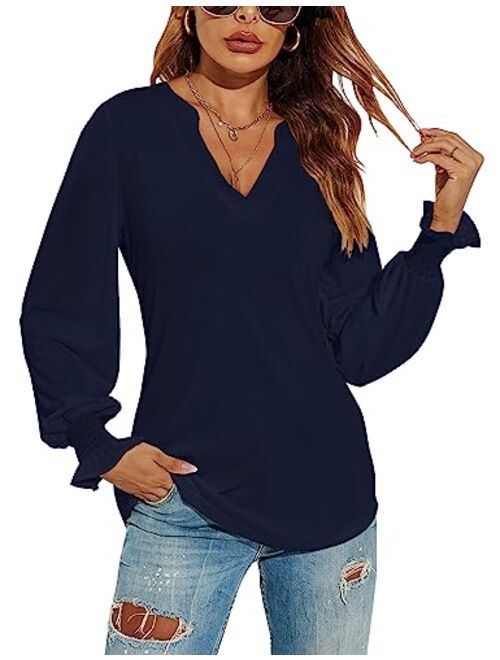 Romanstii Women's Casual V-Neck T-Shirts Loose Puff Long Sleeve Tops Tunic Blouses