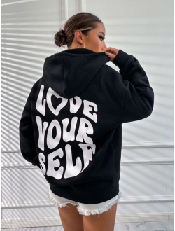 EZwear Slogan Graphic Drop Shoulder Drawstring Thermal Lined Hoodie