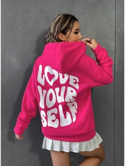 EZwear Slogan Graphic Drop Shoulder Drawstring Thermal Lined Hoodie