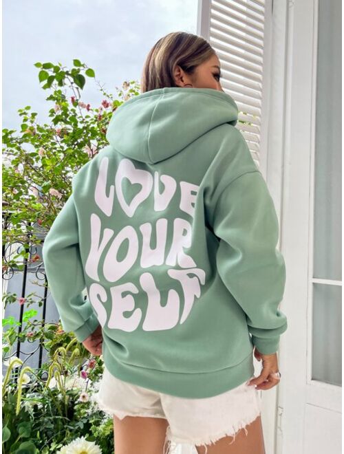 SHEIN EZwear Slogan Graphic Drop Shoulder Drawstring Thermal Lined Hoodie