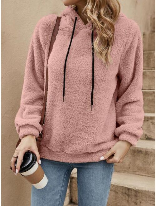 SHEIN LUNE Solid Drawstring Teddy Hoodie