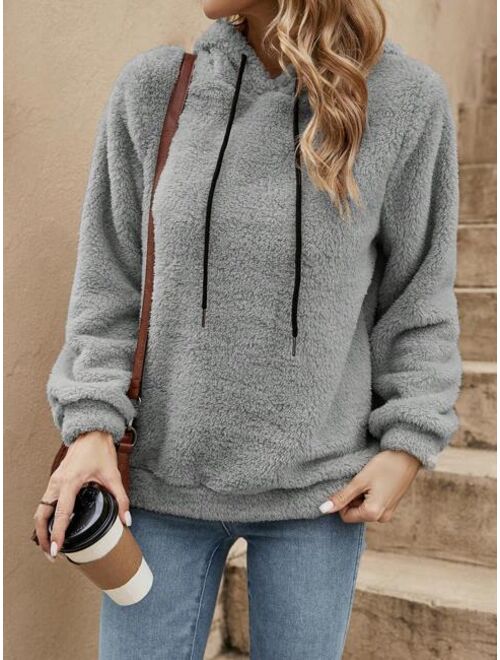 SHEIN LUNE Solid Drawstring Teddy Hoodie