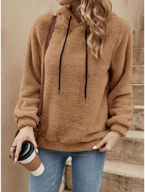 SHEIN LUNE Solid Drawstring Teddy Hoodie