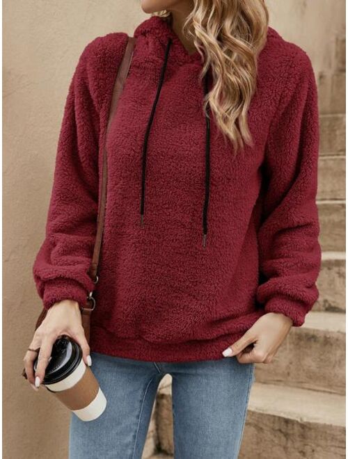 SHEIN LUNE Solid Drawstring Teddy Hoodie