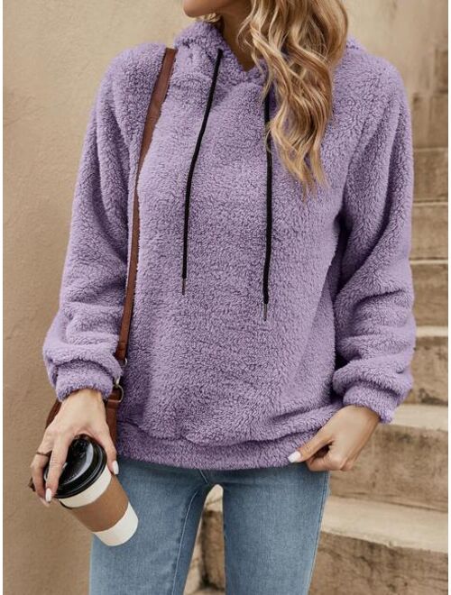 SHEIN LUNE Solid Drawstring Teddy Hoodie