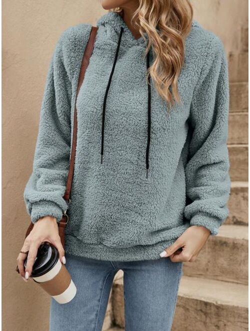 SHEIN LUNE Solid Drawstring Teddy Hoodie