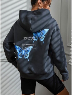 EZwear Letter Butterfly Print Drop Shoulder Hoodie