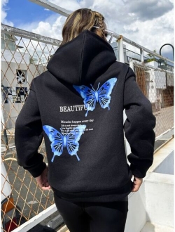 EZwear Letter Butterfly Print Drop Shoulder Hoodie