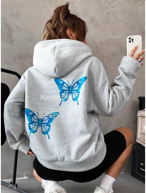 SHEIN EZwear Letter Butterfly Print Drop Shoulder Hoodie