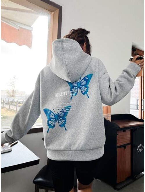 SHEIN EZwear Letter Butterfly Print Drop Shoulder Hoodie