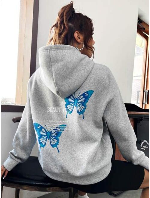 SHEIN EZwear Letter Butterfly Print Drop Shoulder Hoodie