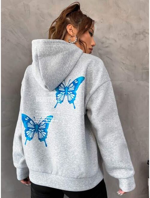 SHEIN EZwear Letter Butterfly Print Drop Shoulder Hoodie