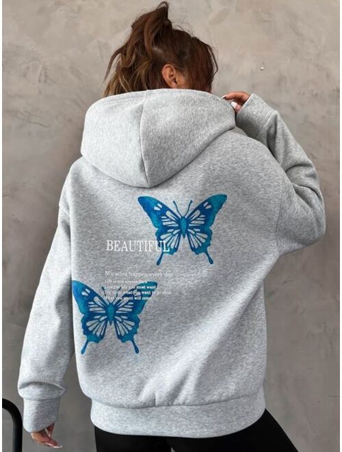 SHEIN EZwear Letter Butterfly Print Drop Shoulder Hoodie