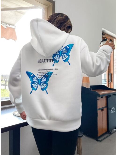 SHEIN EZwear Letter Butterfly Print Drop Shoulder Hoodie