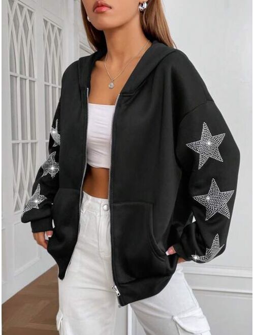 SHEIN EZwear Rhinestone Star Pattern Drop Shoulder Zip Up Hoodie