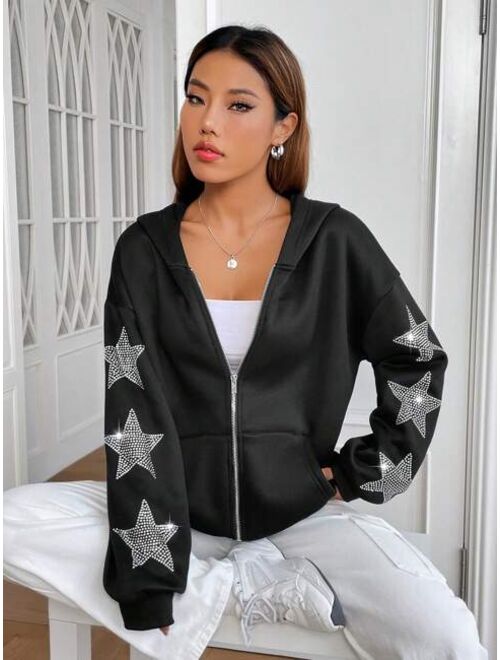 SHEIN EZwear Rhinestone Star Pattern Drop Shoulder Zip Up Hoodie