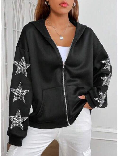 SHEIN EZwear Rhinestone Star Pattern Drop Shoulder Zip Up Hoodie