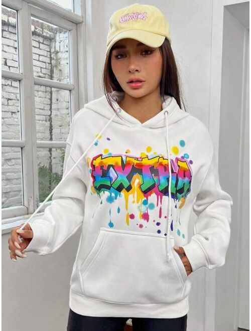 SHEIN EZwear Splash Ink Print Kangaroo Pocket Drop Shoulder Drawstring Hoodie