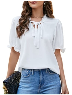 Womens White Blouse V Neck Ruffle Sleeve Flowy Shirts Dressy Casual Cute Summer Tops