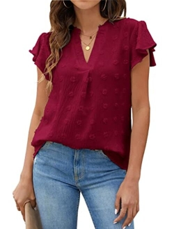 Womens White Blouse V Neck Ruffle Sleeve Flowy Shirts Dressy Casual Cute Summer Tops