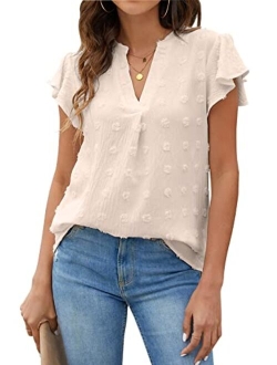 Womens White Blouse V Neck Ruffle Sleeve Flowy Shirts Dressy Casual Cute Summer Tops