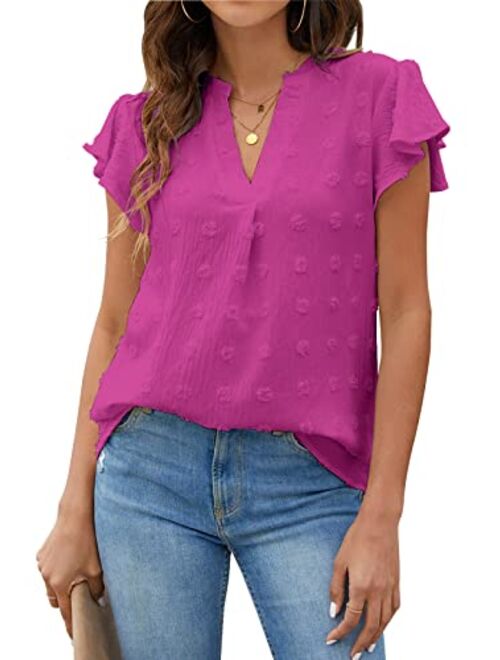 Blooming Jelly Womens White Blouse V Neck Ruffle Sleeve Flowy Shirts Dressy Casual Cute Summer Tops