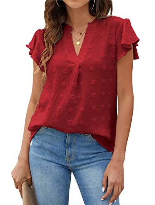 Blooming Jelly Womens White Blouse V Neck Ruffle Sleeve Flowy Shirts Dressy Casual Cute Summer Tops