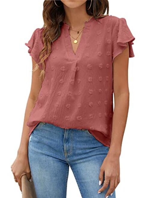 Blooming Jelly Womens White Blouse V Neck Ruffle Sleeve Flowy Shirts Dressy Casual Cute Summer Tops