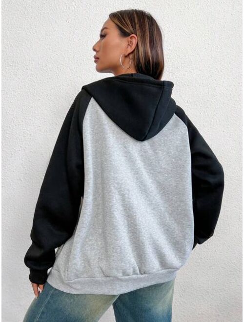 SHEIN EZwear Colorblock Raglan Sleeve Drawstring Zipper Hoodie