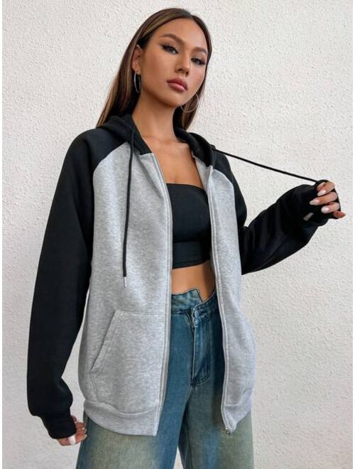 SHEIN EZwear Colorblock Raglan Sleeve Drawstring Zipper Hoodie