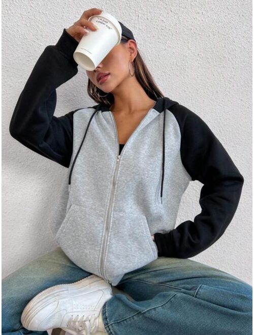 SHEIN EZwear Colorblock Raglan Sleeve Drawstring Zipper Hoodie