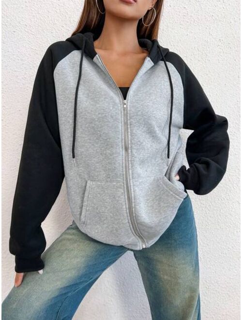 SHEIN EZwear Colorblock Raglan Sleeve Drawstring Zipper Hoodie