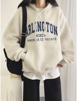 Letter Graphic Drop Shoulder Kangaroo Pocket Drawstring Hoodie Without Tee