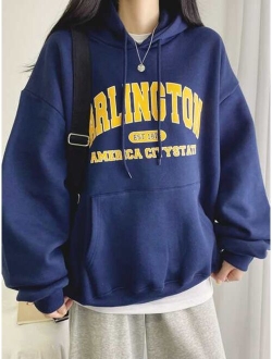 Letter Graphic Drop Shoulder Kangaroo Pocket Drawstring Hoodie Without Tee