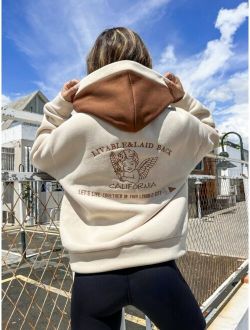 EZwear Slogan Angel Embroidery Drop Shoulder Hoodie