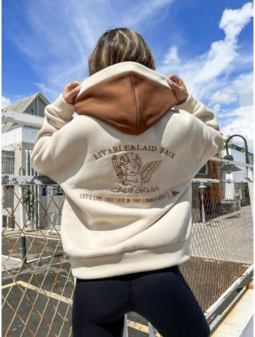 SHEIN EZwear Slogan Angel Embroidery Drop Shoulder Hoodie