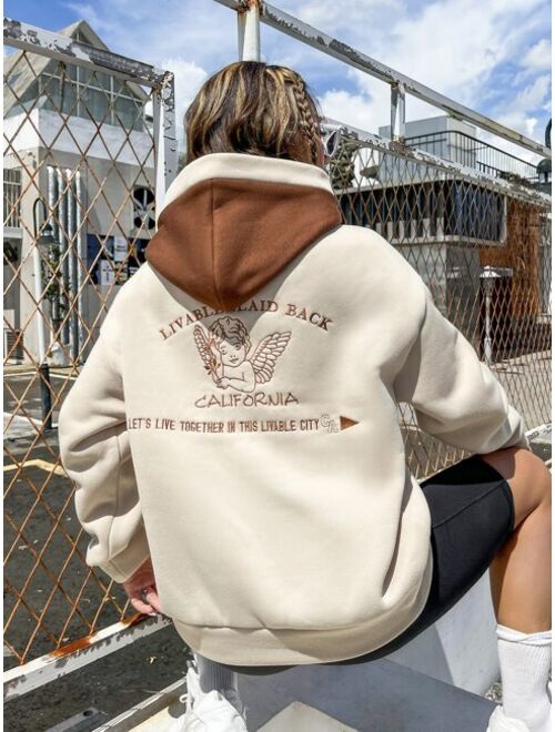 SHEIN EZwear Slogan Angel Embroidery Drop Shoulder Hoodie