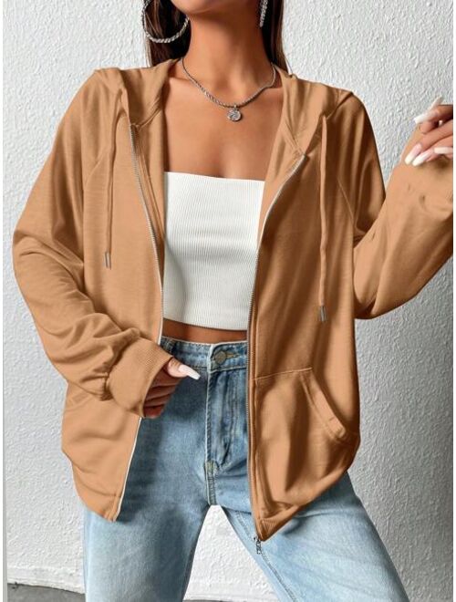 SHEIN EZwear Zip Up Raglan Sleeve Drawstring Hoodie