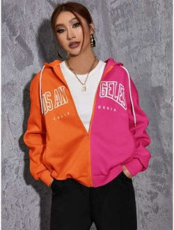 EZwear Letter Graphic Color Block Drop Shoulder Thermal Drawstring Hoodie