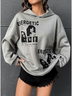 EZwear Slogan Figure Graphic Drop Shoulder Hoodie