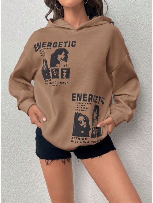 SHEIN EZwear Slogan Figure Graphic Drop Shoulder Hoodie