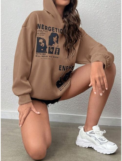 SHEIN EZwear Slogan Figure Graphic Drop Shoulder Hoodie