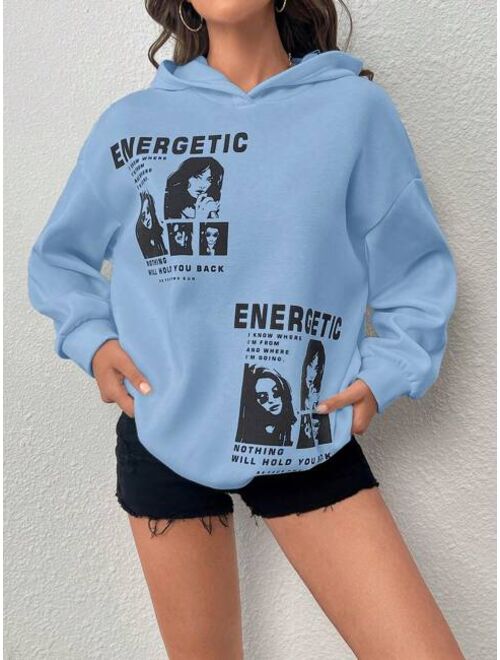 SHEIN EZwear Slogan Figure Graphic Drop Shoulder Hoodie