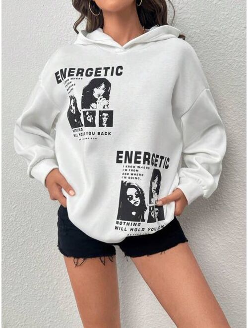 SHEIN EZwear Slogan Figure Graphic Drop Shoulder Hoodie