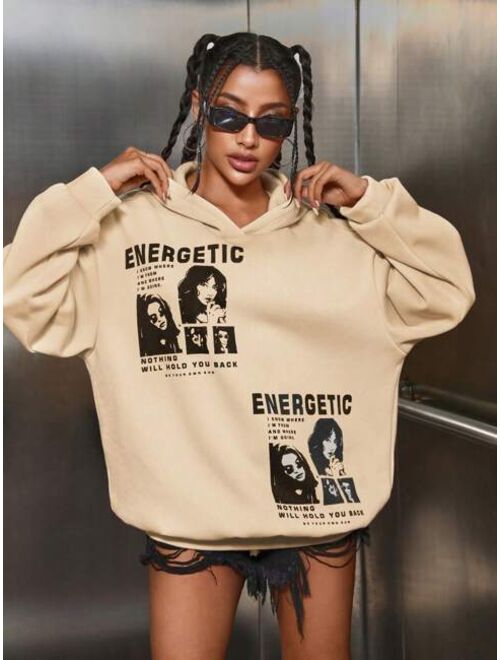 SHEIN EZwear Slogan Figure Graphic Drop Shoulder Hoodie