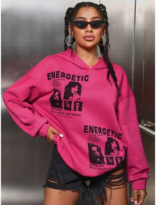 SHEIN EZwear Slogan Figure Graphic Drop Shoulder Hoodie